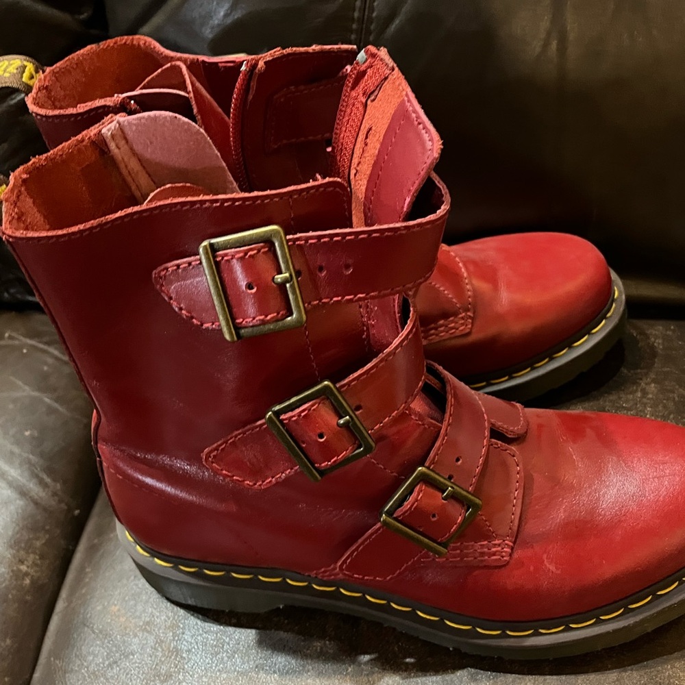 Dr. Martens Blake Boots Red 3 Buckle Leather Combat ASO Jungkook BTS 9 Womens